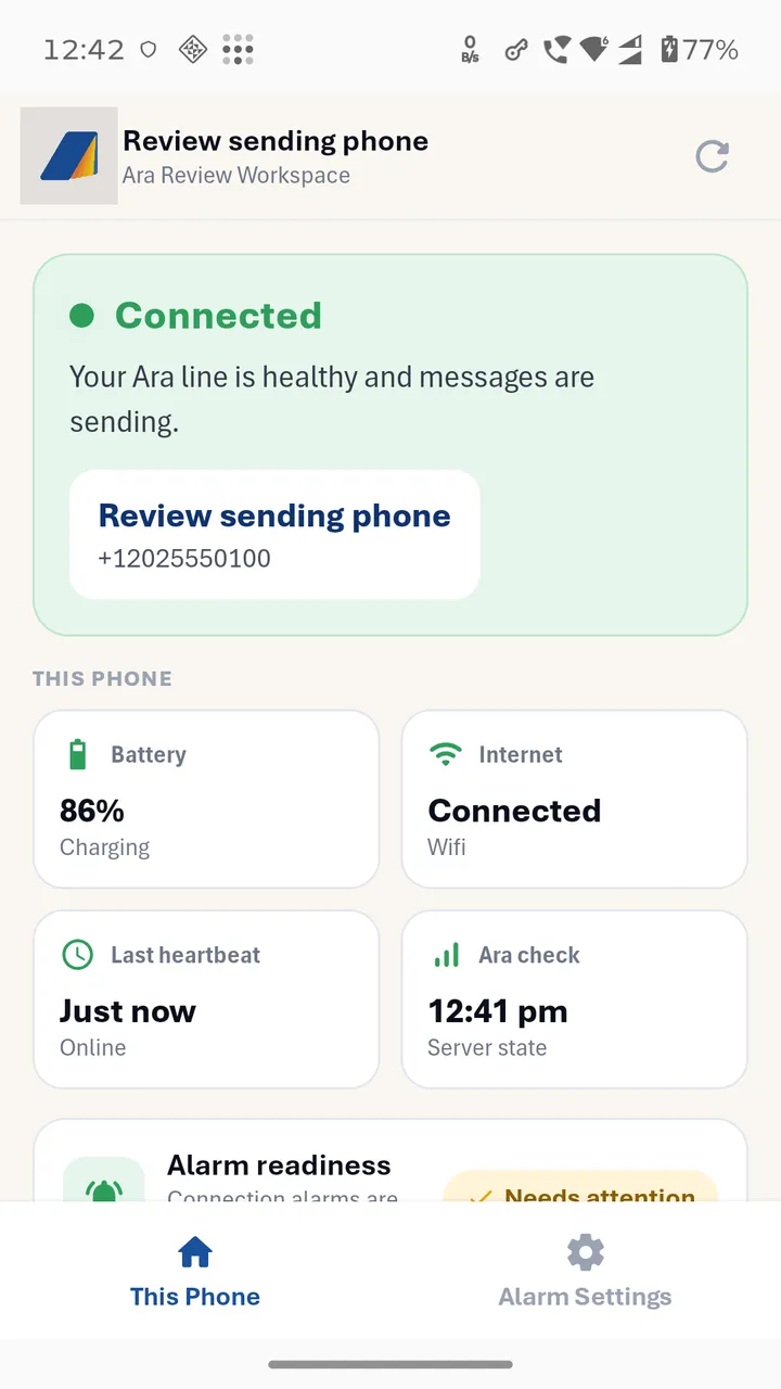 Ara Connect This Phone screen, showing Connected, battery and internet status in a demonstration account