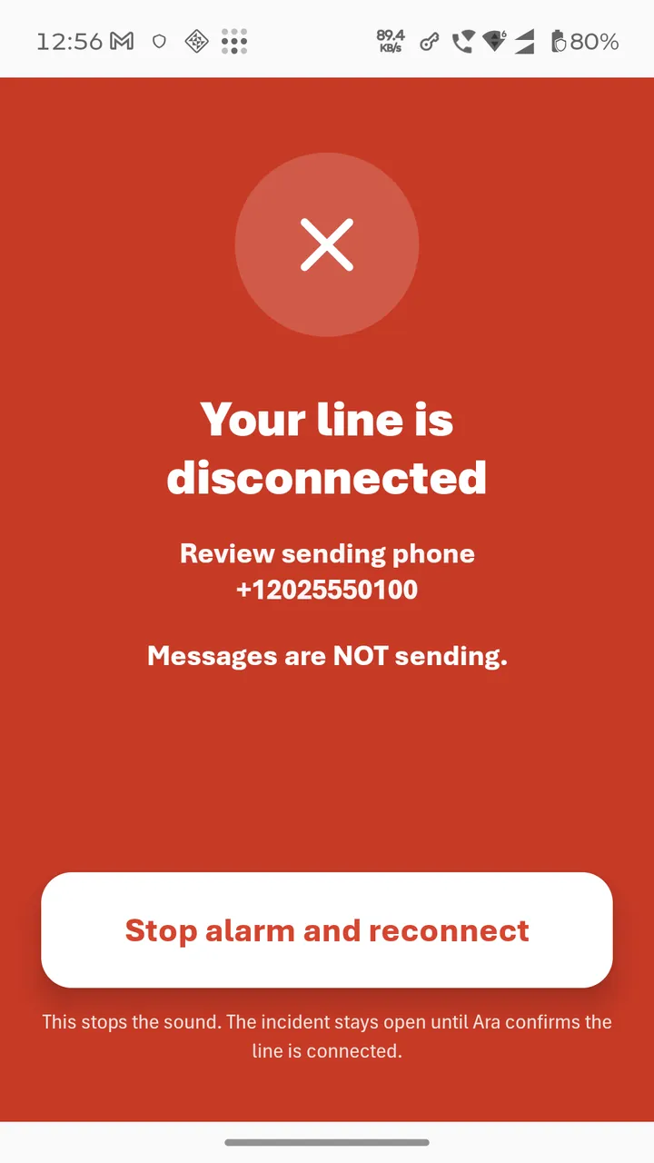 Actual disconnect alert screen naming the affected demonstration line, with a Stop alarm and reconnect button