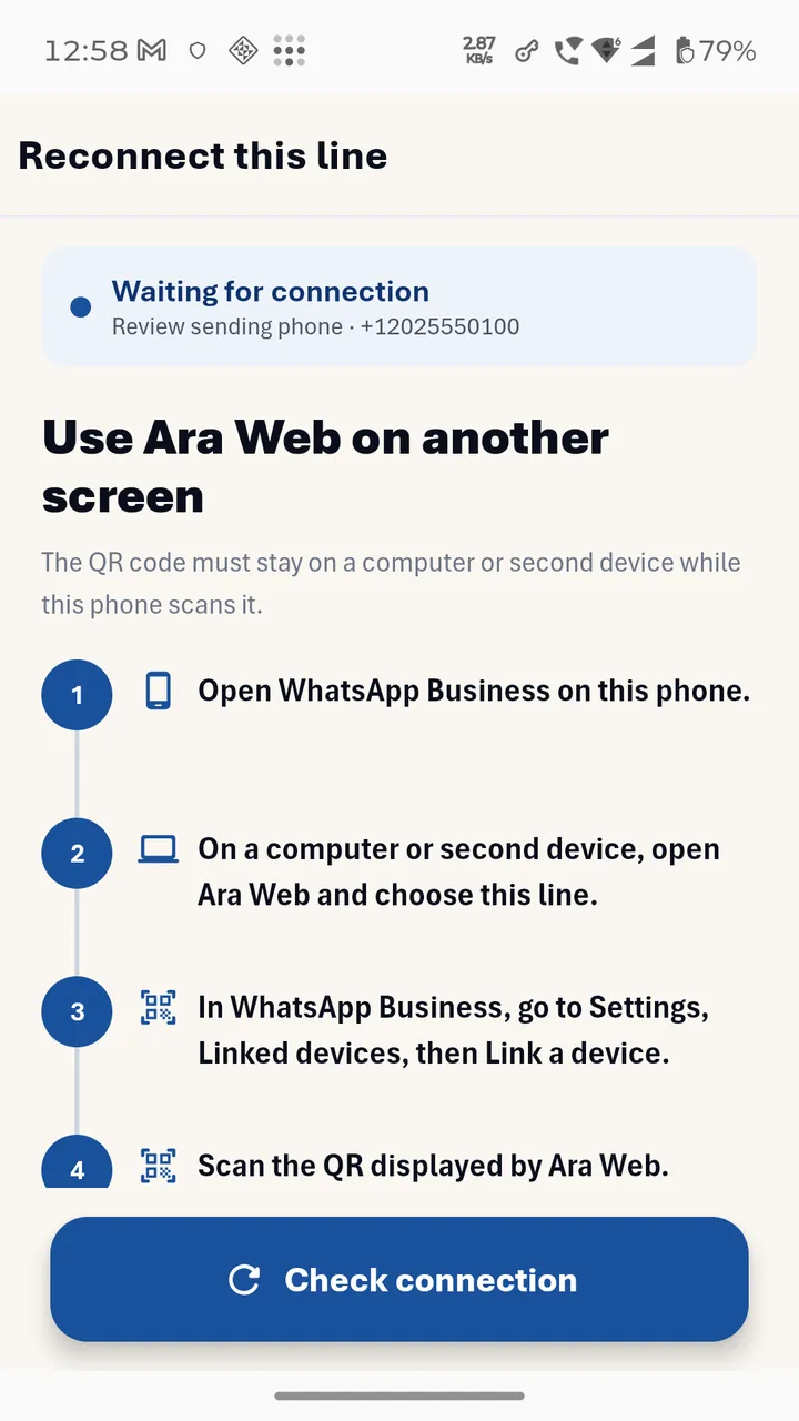Ara Connect recovery instructions showing how to reconnect with Ara Web and WhatsApp Business Linked devices
